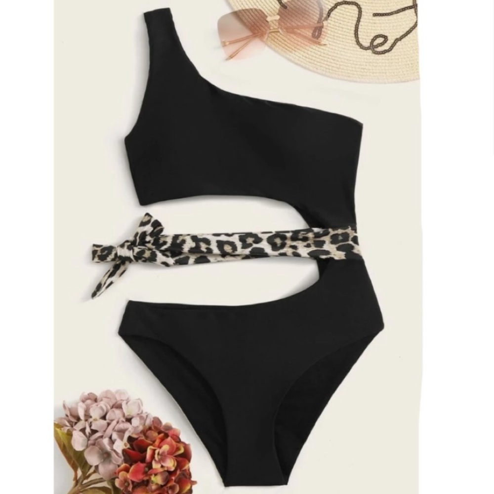 Shein leopard one shoulder one piece swimsuit